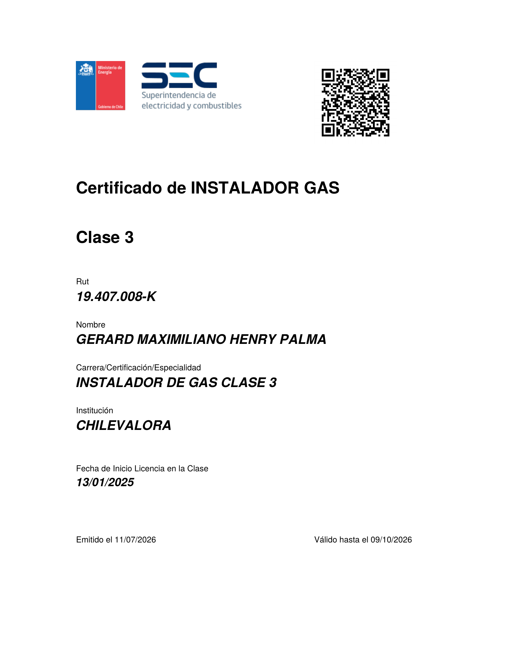Vista previa del certificado SEC de Instalador de Gas Clase 3